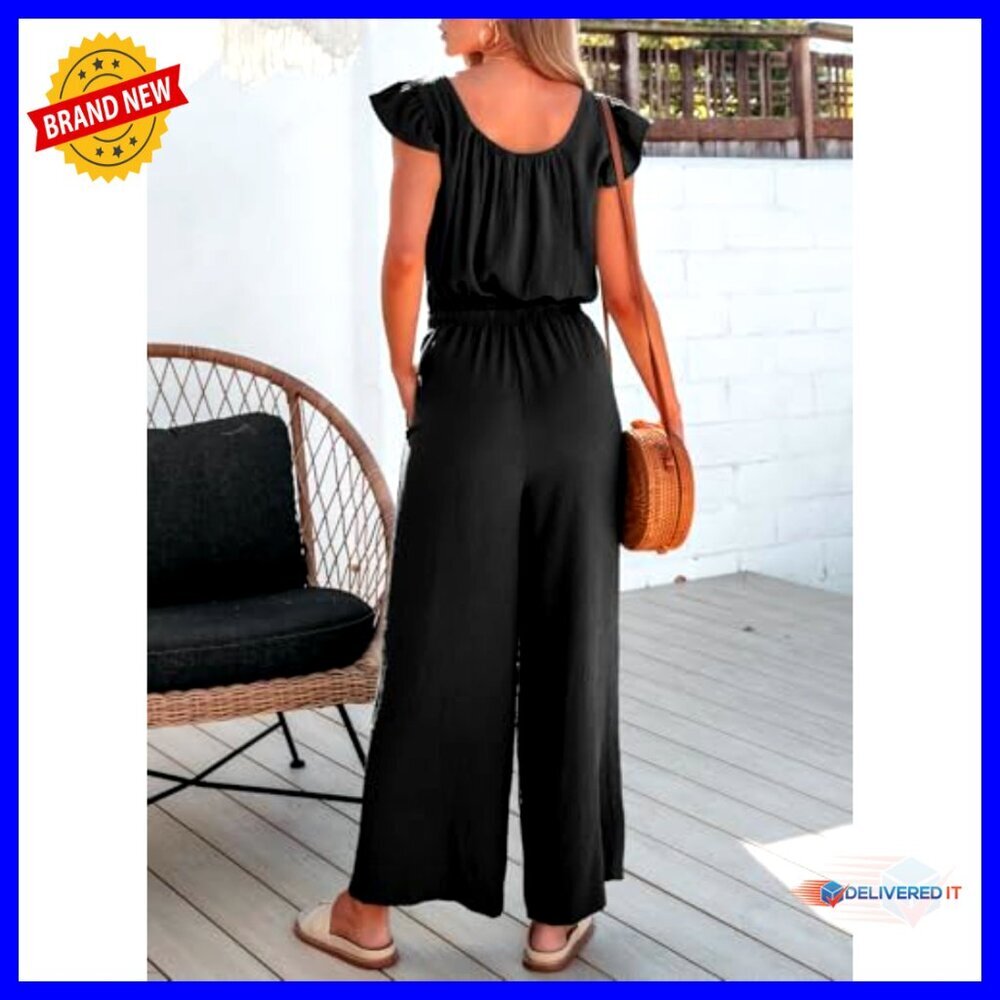 Summer Ruffle Sleeve Square Neck Jumpsuit Drawstring Waist Wide Leg Pockets - Picture 4 of 7